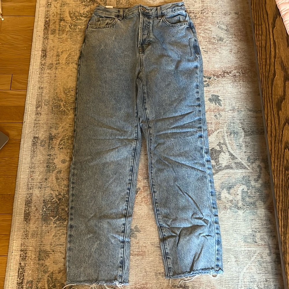 High rise, straight leg blue jeans